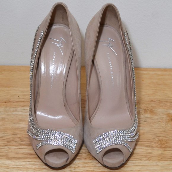 Blush Suede Crystal Peep-toe Pumps by Giuseppe Zanotti SIZE 8 (EU 37.5) - Picture 7 of 11